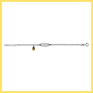 Fin de Série Gourmette pour bébé en Argent rhodié maille ronde et plaque ovale avec pampille coccinelle jaune 13+2cm