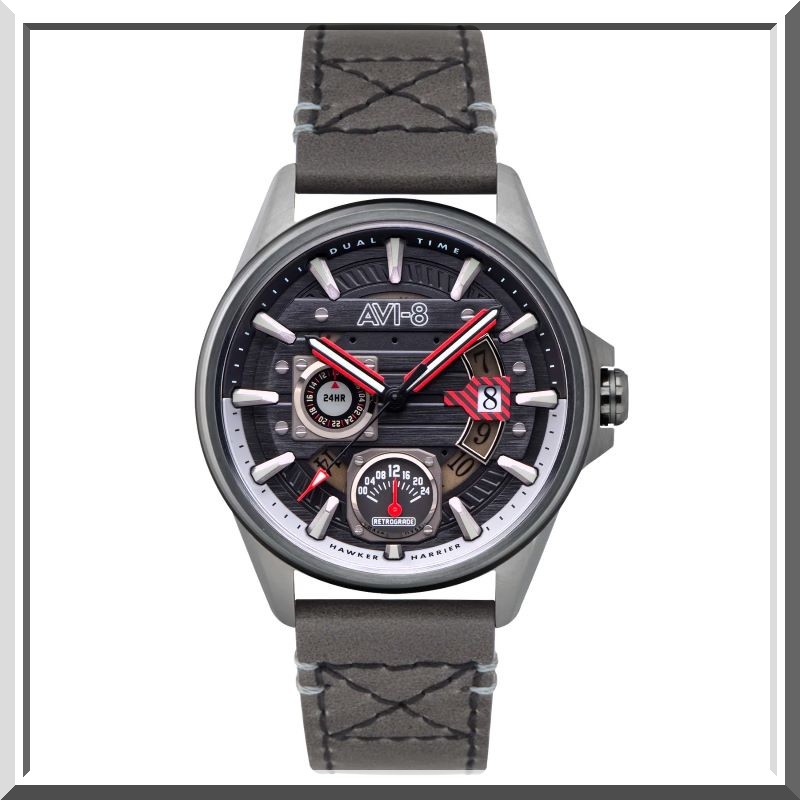 AVI-8 Hawker Harrier Farley Orologio Uomo Multifunzione, Cassa 44 Mm Acciaio, Cinturino Pelle, Doppio Fuso Orario
