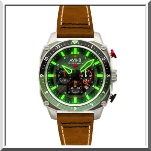 Montre avi-8 hawker hunter chronographe cadran fond vert cuir marron-john or & co