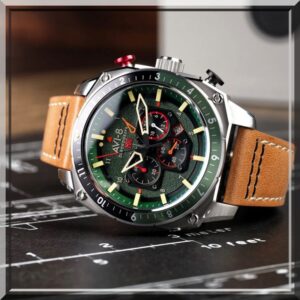 Montre avi-8-hawker hunter chronographe fond vert cuir marron-john or & co