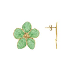 Gros plan sur la fleur des boucles d'oreilles Stella Mia, nacre verte aux reflets changeants et finition dorée, une note végétale pleine de vie