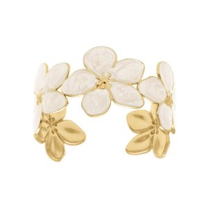 Bracelet motif fleur acier doré nacré blanc
