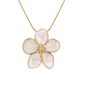 Collier motif fleur acier doré nacré blanc