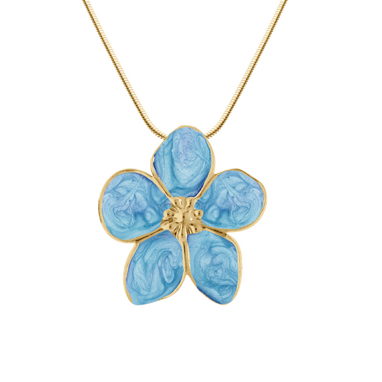 Collier motif fleur acier doré nacré bleu ciel