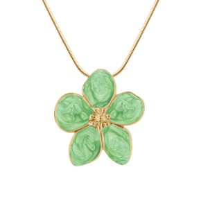 Collier motif fleur acier doré nacré vert
