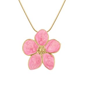 Collier motif fleur acier doré nacré rose