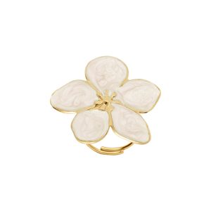 Bague motif fleur acier doré nacré blanc