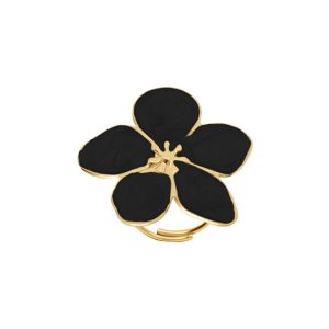 Bague motif fleur acier doré nacré noir