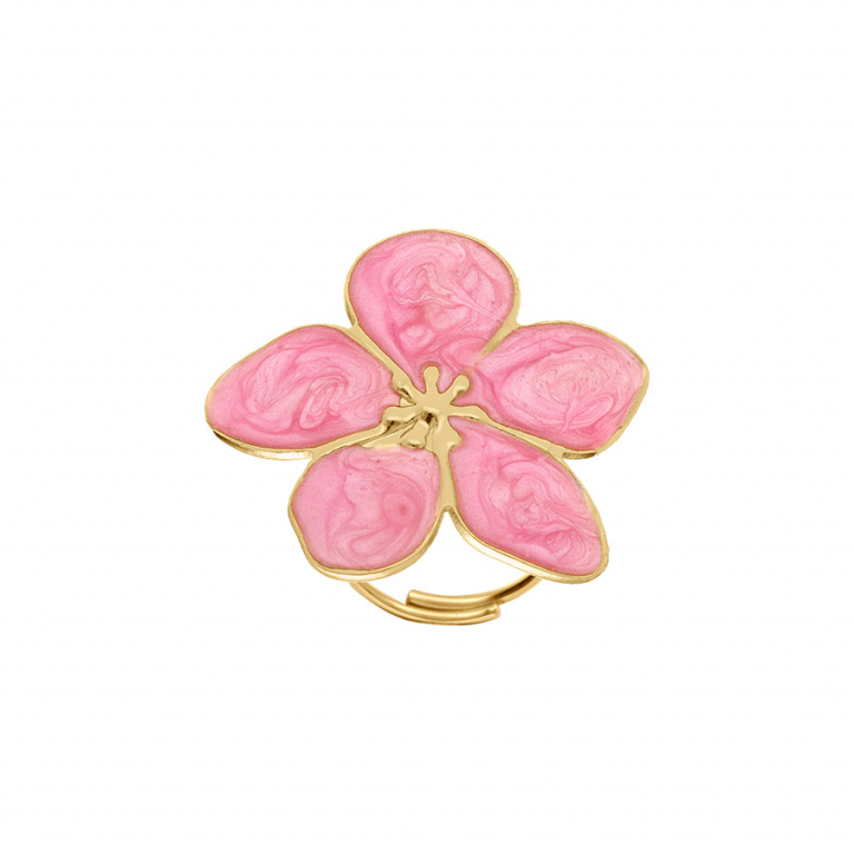 Bague motif fleur acier doré nacré rose