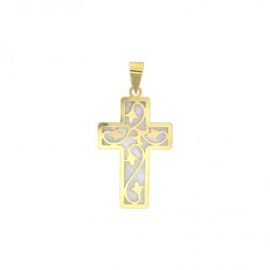 Pendentif croix ajourée avec nacre en Or 750 hauteur 27mm