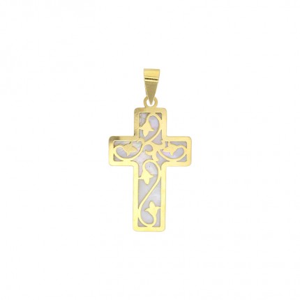 Pendentif croix ajourée avec nacre en Or 750 hauteur 27mm